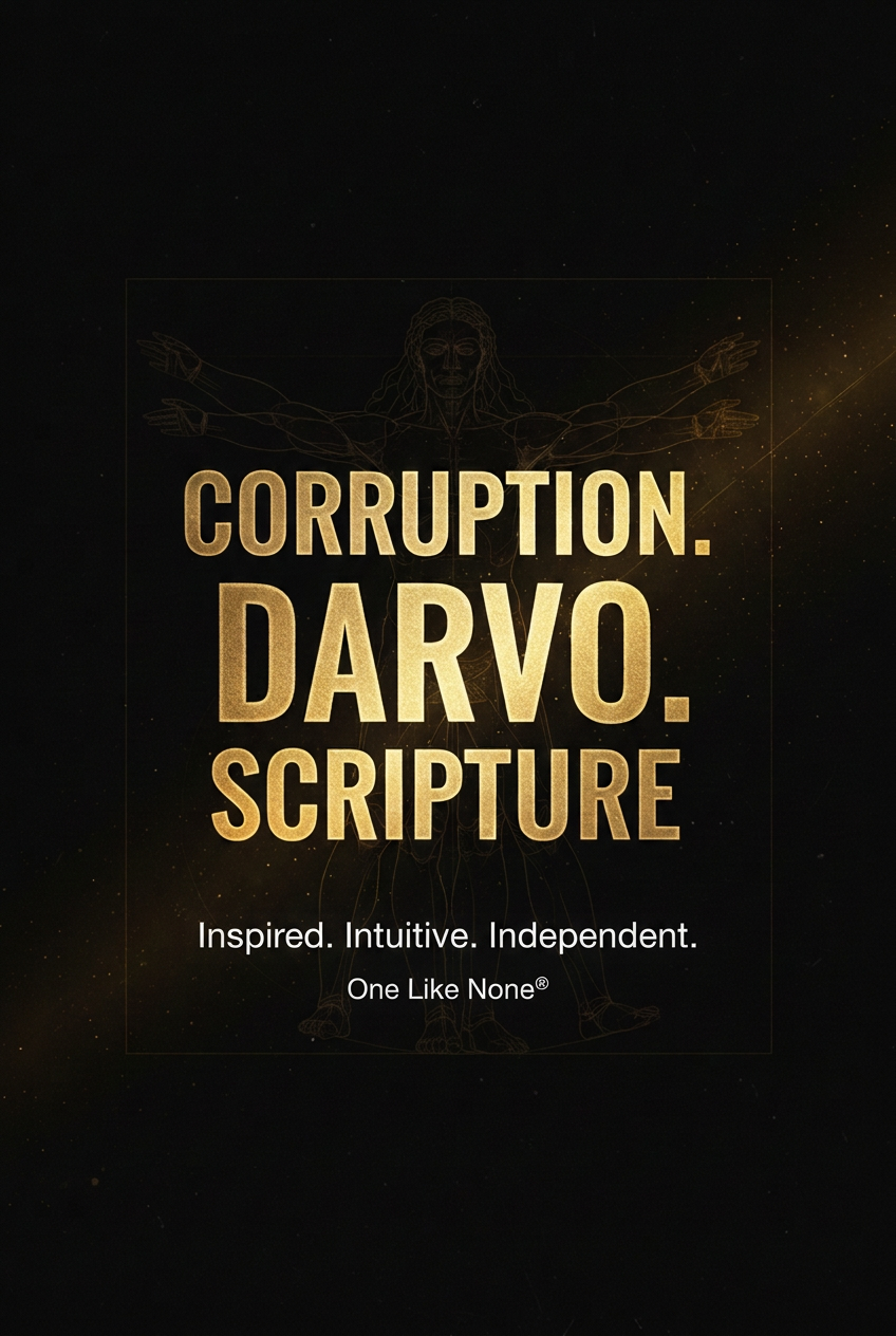 Corruption. DARVO. Scripture. graphic with the book title instead of a page count